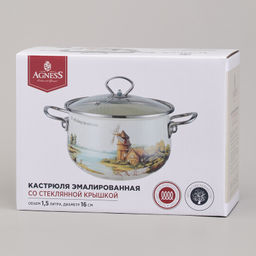 КАСТРЮЛЯ AGNESS ЭМАЛИРОВАННАЯ СО СТЕКЛЯННОЙ КРЫШКОЙ СЕРИЯ LAVANDER CATS, 1,5 Л ДИА. 16СМ фото 2