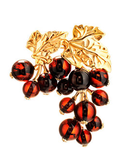 Яркая позолоченная брошь с янтарём Смородина