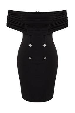 Siyah Carmen Yaka Parlak Tasl? Dugme Detayl? Orme K?sa S?k Abiye Elbise TPRSS24EL00199 - Trendyolmilla фото 7