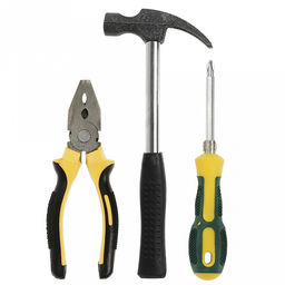 Набор инструментов 3 предмета: молоток-гвоздодер металлический, пластмассовая ручка 17,5х6,5х1,8см; плоскогубцы 14,5х5,5х1,8см; отвертка двухсторонняя крестовая/шлицевая 17,5х3х3см, металл/пластик, в блистере (Китай) - Домашняя мода фото 2