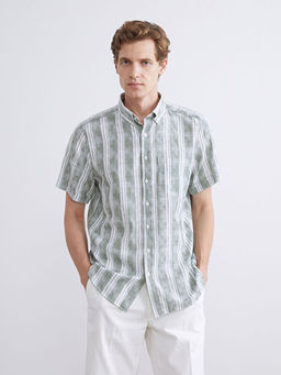 Regular Fit K?sa Kollu ?izgili Poplin Erkek G?mlek