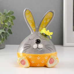 Фигурка керамика Зайчонок в шортах, с цветочком на ухе, серо-жёлтый, 11.2?9.5?15.6 см