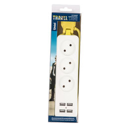 S-CT3-1,8U WHITE/GREEN Удлинитель серии Travel, шнур 1,8м., 3 гнездa, 10A, б/з, 4USB(3,1A). Белый с салатовым. ТМ Uniel