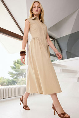 Trendyol Studio Bej Poplin Midi Dokuma Elbise TWOSS26EL00513
