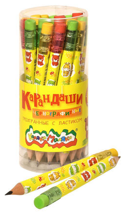 Цена за 10 шт. Карандаш чернографитный корпус дерев. Каляка-Маляка ДЖАМБО НВ с ластиком заточенный трехгранный тубус принт на корпусе