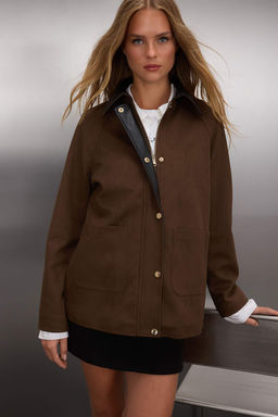 Kahverengi Regular Kal?p Yakas? Suni Deri Detayl? Suet Ince Ceket Mont TWOAW26MO00116