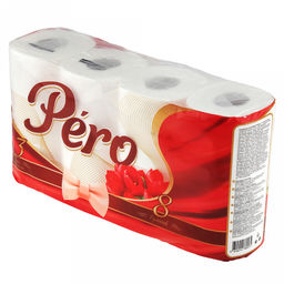 Туалетная бумага 3-х слойная "Pero Tulip", 8 рулона в упаковке, отрывной лист, белый (Россия)