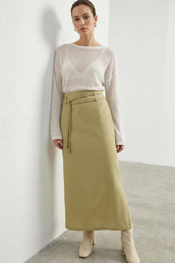 Haki Kordon Kemerli Keten Kar?s?ml? Yandan Y?rtmacl? Maxi Dokuma Etek TWOSS25ET00124