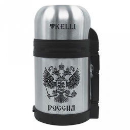 Термос из нержавеющей стали с широким горлом Kelli 1л, двойные стенки, завинчивающаяся крышка, ручка, ремень (Китай)