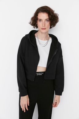Siyah Basic Fermuarl? Kapusonlu Crop Kal?n Ici Polarl? Orme Sweatshirt TWOAW20SW0660