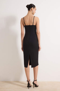 Siyah Ask?l? Dokuma Midi S?k/Gece Elbise Elbise TWOSS26EL00114