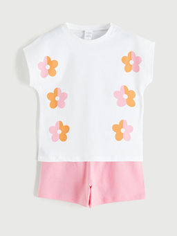 Bisiklet Yaka ?i?ekli K?z ?ocuk Ti??rt ve ?ort