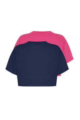 Lacivert-Fusya 2li Paket %100 Pamuk Relax/Rahat Kesim Crop Orme T-Shirt TWOSS24TS00224