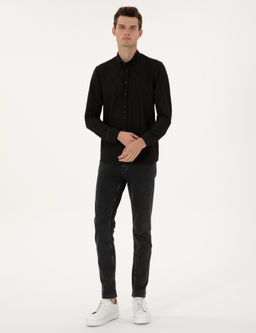 Siyah _izgi Bask_l_ Slim Fit Uzun Kollu G_mlek