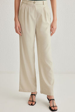 Bej Wide Leg/Genis Paca Pilili Dokuma Pantolon TWOAW22PL0475