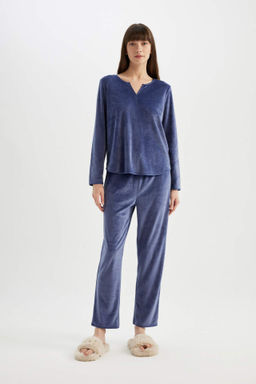 Fall in Love Pijama Tak?m V Yaka Velur Uzun Kollu Ust Beli Lastikli Alt - Defacto фото 2