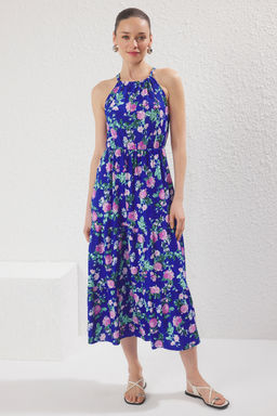 Mavi Desenli Boyundan Baglamal? Bask?l? A-Line Maxi Orme Elbise TWOSS23EL00705