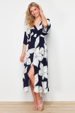 Lacivert Cicek Desenli A Kesim Kruvaze Yaka Midi Dokuma Elbise TWOSS24EL00913