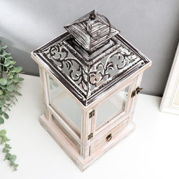 Деревянный подсвечник - фонарь на 1 свечу «С узорами на крыше», с ящиком, беж, 46×18×18 см