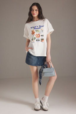 TRENDYOLMILLA Ekru %100 Pamuk Oversize/Genis Kal?p Bask?l? Orme T-Shirt TWOSS25TS00166  фото 2