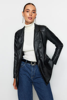 Trendyolmilla Fusya Suni Deri Kruvaze Kapama Astarl? Dokuma Blazer Ceket TWOAW21CE0156