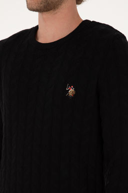 Erkek Slim Fit Bisiklet Yaka Desenli Siyah Kazak