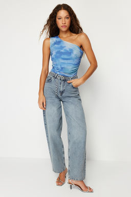 Lacivert Soyut Drape Detayl? Tek Omuzlu Fitted/Vucuda Oturan Tul Esnek Orme Bluz TWOSS24BZ00311