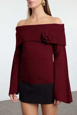 Bordo Gul Detayl? Carmen Yaka Triko Kazak TWOAW25KZ00373 - Trendyolmilla фото 3