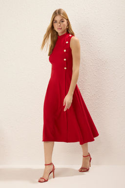 TRENDYOLMILLA K?rm?z? Dugme Detayl? Etegi Belden Ac?lan Midi Dokuma Elbise TWOSS25EL00213  фото 8