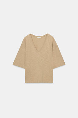 CAMISETA ESCOTE PICO / Tostado - Zara фото 5