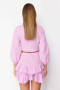 TRENDYOLMILLA Plaj Giyim Briddal Beyaz Mini Dokuma Brode Detayl? Flaml? Pamuk Plaj Etek TBESS24ET00004 фото 23