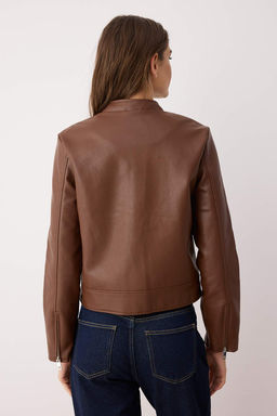 Siyah Fitted Kal?p Suni Deri Biker Ince Ceket Mont TWOAW26MO00085 - Trendyolmilla фото 12