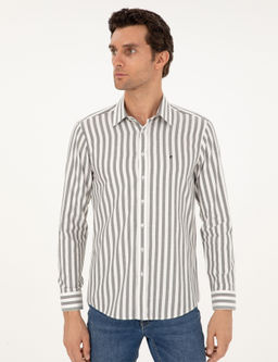Gri Slim Fit _izgili Pamuk G_mlek