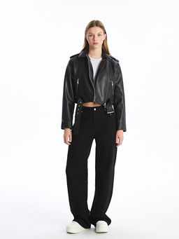 Biker Yaka Kad?n Deri G?r?n?ml? Ceket