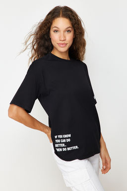 TRENDYOLMILLA Siyah %100 Pamuk Slogan Bask?l? Oversize/Genis Kal?p Bisiklet Yaka Orme T-Shirt TWOSS23TS00183 фото 3