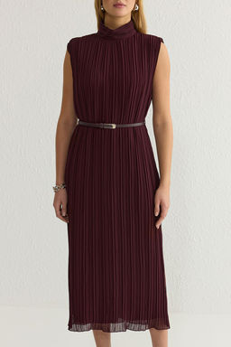 TRENDYOLMILLA Bordo Kemerli Duz Kesim Piliseli Midi Astarl? Sifon Dokuma Elbise TWOSS25EL00118  фото 8