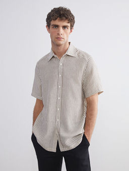 Regular Fit K?sa Kollu ?izgili M?slin Erkek G?mlek