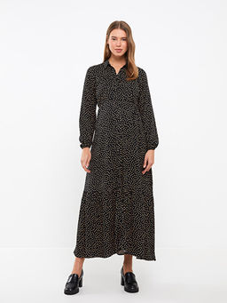 G?mlek Yaka Puantiyeli Uzun Kollu Viskon Hamile Elbise