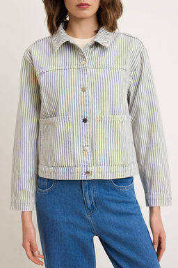Ekru Denim Cizgili Crop %100 Pamuk Ceket TWOSS26CE00056