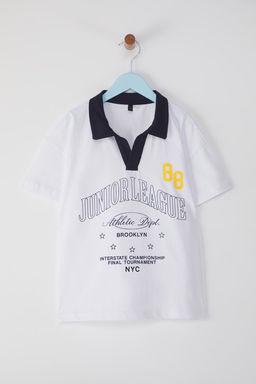 Beyaz Erkek Cocuk %100 Pamuk Slogan Bask?l? Polo Yaka K?sa Kol Orme T-Shirt TKDSS25TS00080