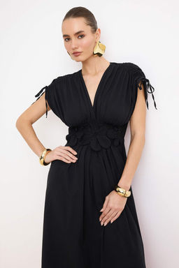 Siyah 3 Boyutlu Cicek Detayl? Poplin S?k Abiye Gece Mezuniyet Elbisesi TPRSS24EL00282