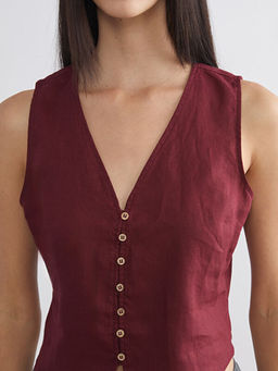 V Yaka %100 Keten Kad?n Klasik Yelek