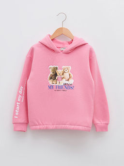 Kap??onlu Bask?l? Uzun Kollu K?z ?ocuk Sweatshirt