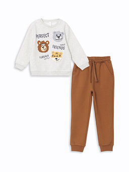 Bisiklet Yaka Bask?l? Erkek Bebek Sweatshirt ve E?ofman Alt 2li