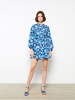 Bisiklet Yaka Desenli Uzun Kollu Poplin Kad?n G?mlek Elbise