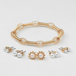 Набор 6 предметов: серьги 5 пар, 1 браслет Жемчужное солнце, белый в золоте