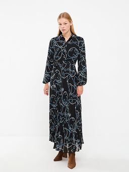 Desenli Uzun Kollu ?ifon Kad?n G?mlek Elbise