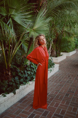 SATIN DRESS WITH BATWING SLEEVES AND SCARF