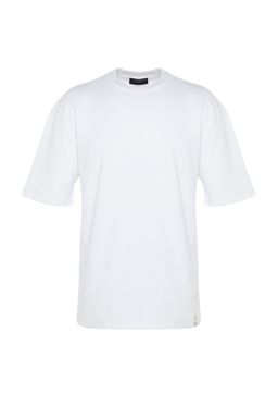 Beyaz Oversize %100 Pamuklu Etiketli Dokulu Basic Kal?n Tok T-Shirt TMNSS23TS00074