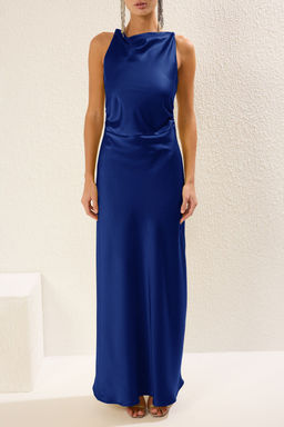 Saks Vucuda Oturan Saten Dokuma Maxi Abiye Gece Mezuniyet Elbisesi TPRSS25AE00066